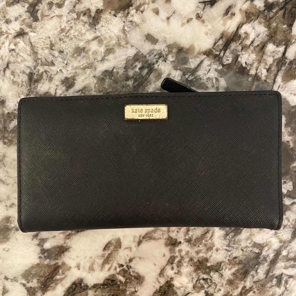 kate spade Black Saffiano Zip Around Wallet with Gold Plaque